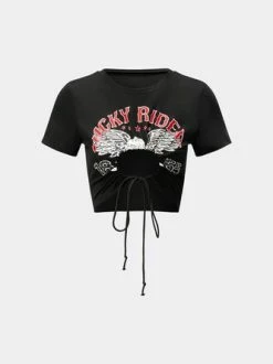 Kollyy Street Black Graphic Drawstring Cut Out Top T-Shirt