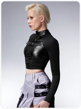 Kollyy Punk Black Patchwork Removable Straps Halloween Top T-Shirt 2 Kollyy Punk Black Patchwork Removable Straps Halloween Top T-Shirt - Image 2