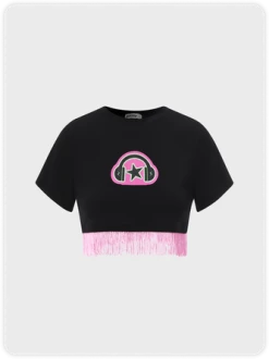 Kollyy Y2K Black Graphic Tassel Top T-Shirt