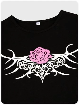 Kollyy Punk Black Floral Short Sleeves Top T-Shirt 5 Kollyy Punk Black Floral Short Sleeves Top T-Shirt - Image 5