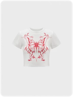Kollyy Y2K White Butterfly Crew Neck Top T-Shirt