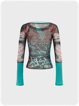 Kollyy Y2k Green Patchwork Mesh Graffiti Top Women Top 4 Kollyy Y2k Green Patchwork Mesh Graffiti Top Women Top - Image 4