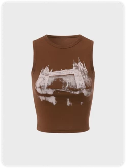 Kollyy Street Brown Landscape Print Top Tank Top & Cami