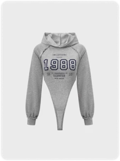 Kollyy Street Gray Hoodie Letter Vintage Top Bodysuit