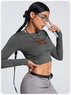 Kollyy Y2K Deep Gray Star Cut Out Top T-Shirt -Tops Sales 477fa36484b5fedad334d69a28abc437