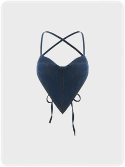 Kollyy Blue Denim Lace Up Backless Top Tank Top & Cami