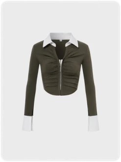 Kollyy Y2k Army Green Color Block Wrinkled Top T-Shirt