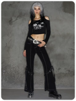 Kollyy Punk Black Graphic Metal Chain Cold Shoulder Halloween Top T-Shirt -Tops Sales 484500a0e458f8880819209df56ee4dd