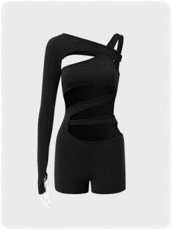 Kollyy Edgy Black Asymmetrical Design Arm Sleeves Cyberpunk Top Jumpsuit