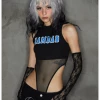 Kollyy Edgy Black Metal Patchwork Letter Cyberpunk Top Bodysuit