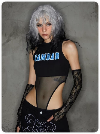 Kollyy Edgy Black Metal Patchwork Letter Cyberpunk Top Bodysuit 1 Kollyy Edgy Black Metal Patchwork Letter Cyberpunk Top Bodysuit