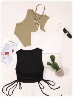 Kollyy Three-Piece Set Casual Drawstring Irregular Hem Top Tank Top & Cami