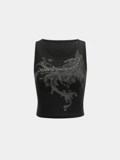 Kollyy Black Hotfix Rhinestone Crew Neck Top Tank Top & Cami