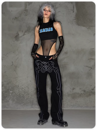 Kollyy Edgy Black Metal Patchwork Letter Cyberpunk Top Bodysuit 4 Kollyy Edgy Black Metal Patchwork Letter Cyberpunk Top Bodysuit - Image 4