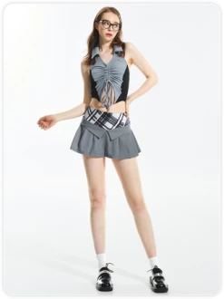 Kollyy Y2K Gray Drawstring V-Neck Back To School Top Tank Top & Cami -Tops Sales 51169a038c6db3b07457e659810616e2