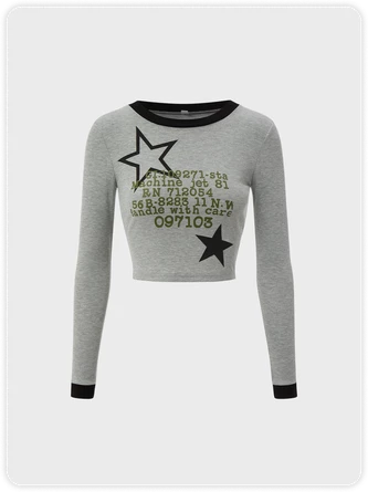 Kollyy Street Gray Letter Star Top T-Shirt 1 Kollyy Street Gray Letter Star Top T-Shirt
