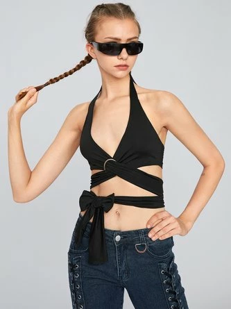 Kollyy Street Black Tie-Up Crossed Front Top Tank Top & Cami 7 Kollyy Street Black Tie-Up Crossed Front Top Tank Top & Cami - Image 7