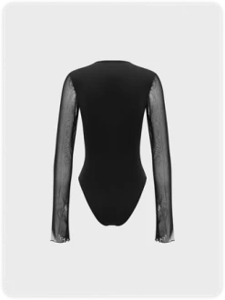 Kollyy Edgy Black Patchwork Mesh Lace Up Top Bodysuit -Tops Sales 573eb8702aa239ee2662102869c94d34
