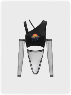 Kollyy Edgy Black Asymmetrical Design Mesh Top Bodysuit