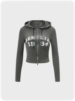 Kollyy Street Gray Letter Zip Up Hoodie Top Outwear