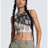 Kollyy Street Brown Letter Patchwork Top Tank Top & Cami