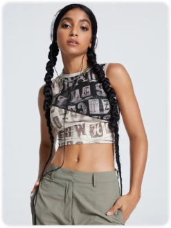 Kollyy Street Brown Letter Patchwork Top Tank Top & Cami