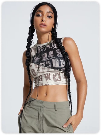 Kollyy Street Brown Letter Patchwork Top Tank Top & Cami 1 Kollyy Street Brown Letter Patchwork Top Tank Top & Cami