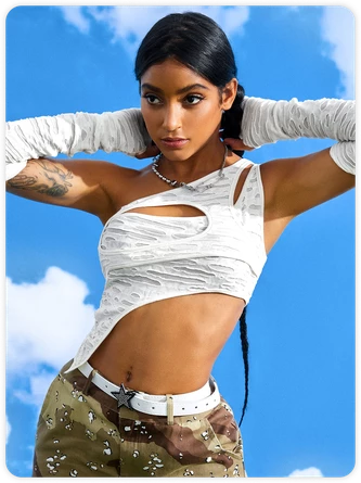 Kollyy Y2K Off White Asymmetrical Design Arm Sleeves Cyberpunk Top Women Top 1 Kollyy Y2K Off White Asymmetrical Design Arm Sleeves Cyberpunk Top Women Top