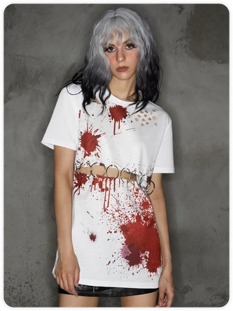 Kollyy Punk White Graffiti Metal Cut Out Halloween Top T-Shirt 1 Kollyy Punk White Graffiti Metal Cut Out Halloween Top T-Shirt