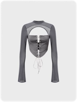 Kollyy Street Gray Mesh Tie Up Top Women Top