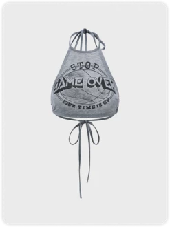 Kollyy Street Gray Graphic Backless Design Halter Top Tank Top & Cami