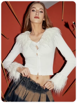 Kollyy Y2k White Fur Button Top Outwear -Tops Sales 64097c714337dc3ca50df70c7cb69aaa