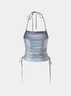 Kollyy Y2K Silver Laser Fabric Drawstring Halter Top Tank Top & Cami -Tops Sales 643e2517e289fabc6274b628142330ac