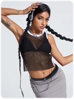 Kollyy Street Black-White Patchwork Mesh Top Tank Top & Cami