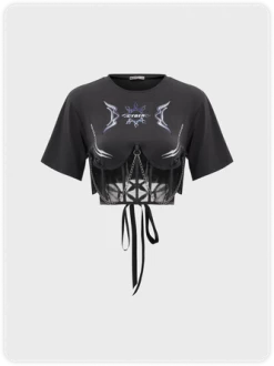 Kollyy Street Gray Graphic Patchwork Lace Up Top T-Shirt