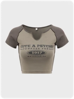 Kollyy Y2K Gray Patchwork Letter Top T-Shirt