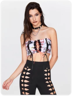 Kollyy Edgy White Graffiti Lace Up Halloween Top Women Top -Tops Sales 6751252cc0256a9500da54a42a1d0ee3