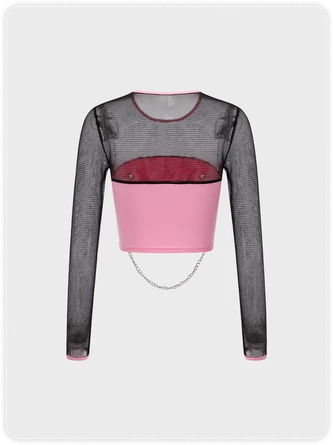 Kollyy Street Pink Slim Mesh Patchwork Top T-Shirt 4 Kollyy Street Pink Slim Mesh Patchwork Top T-Shirt - Image 4