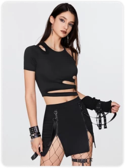 Kollyy Black Cut Out Asymmetrical Design Slim Top T-Shirt