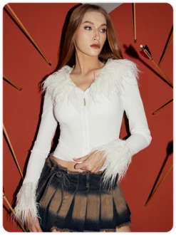 Kollyy Y2k White Fur Button Top Outwear