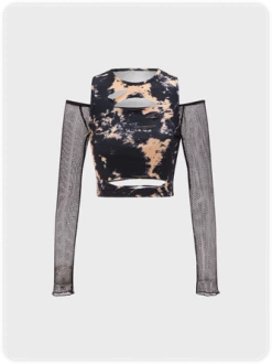 Kollyy Street As Picture Tie Dye Mesh Cut Out Top Women Top