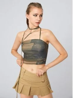 Kollyy Army Green Lace-Up Design Sleeveless Top Tank Top & Cami -Tops Sales 6ed2c10012102acbb7382b6dc3b88722