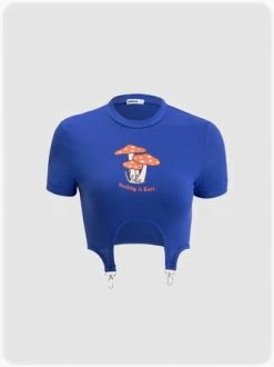 Kollyy Y2K Blue Plants Short Sleeves Top T-Shirt