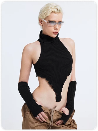 Kollyy Street Black High Neck Irregular Hem Arm Sleeves Top Sweater 2 Kollyy Street Black High Neck Irregular Hem Arm Sleeves Top Sweater - Image 2
