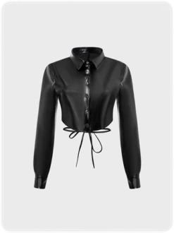 Kollyy Punk Black Leather Low Waist Top Outwear