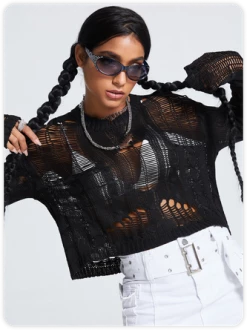 Kollyy Black Ripped Knit Top Sweater