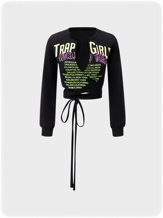 Kollyy Street Black Graphic Lace Up Top T-Shirt 1 Kollyy Street Black Graphic Lace Up Top T-Shirt