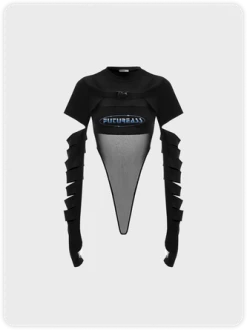 Kollyy Street Black Graphic Patchwork Cut Out Top Bodysuit