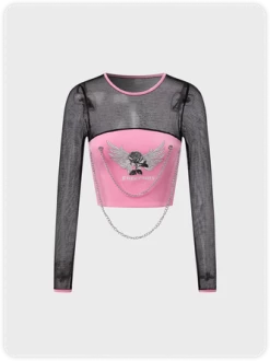 Kollyy Street Pink Slim Mesh Patchwork Top T-Shirt