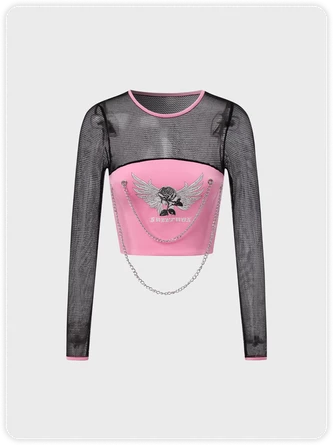 Kollyy Street Pink Slim Mesh Patchwork Top T-Shirt 1 Kollyy Street Pink Slim Mesh Patchwork Top T-Shirt